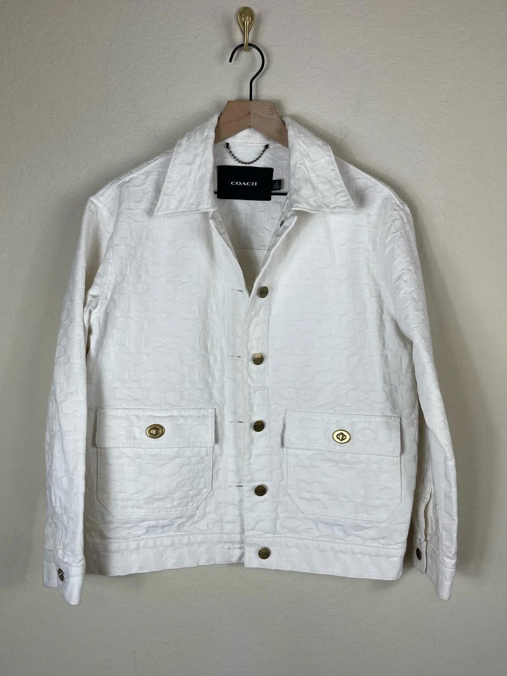 Coach Signature Denim Jacket White Gold Size XS
